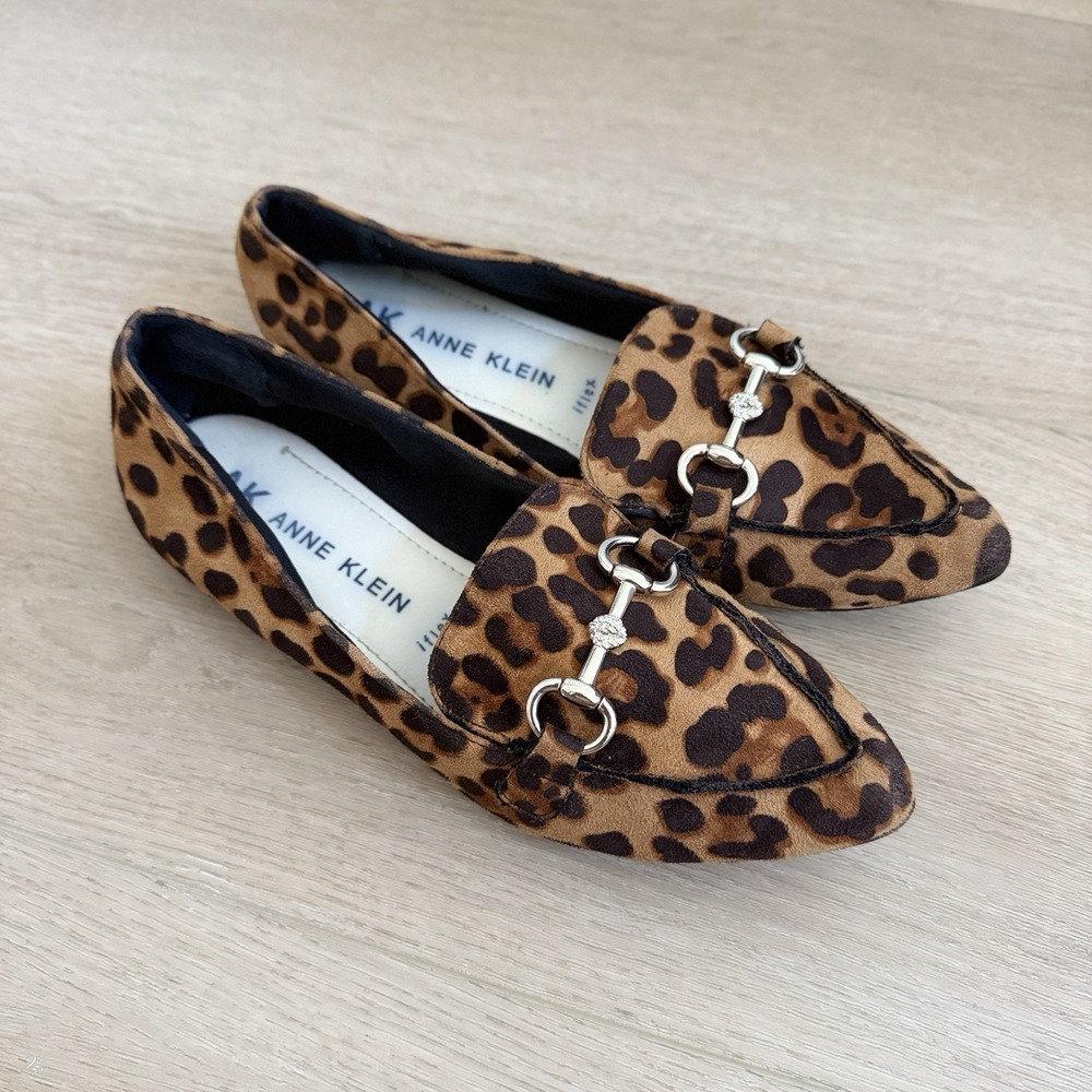 Anne Klein iflex Akoverbook Loafers Black Brown Leopard Print Pointed Toe Size 8